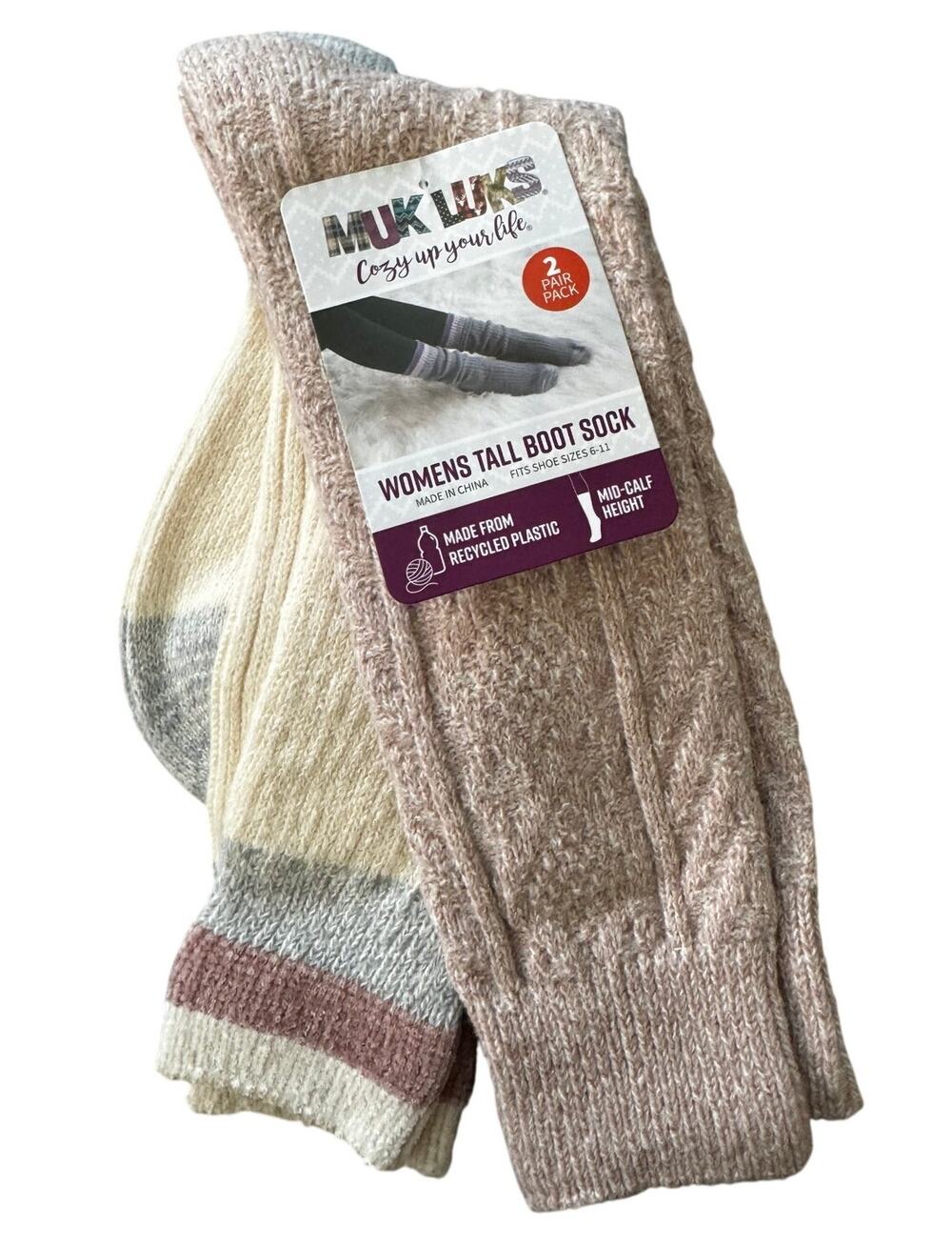 MUK LUK (2) pair Woman Tall Socks Shoe Sz 6-11 New Gift Cable Knit Stripes